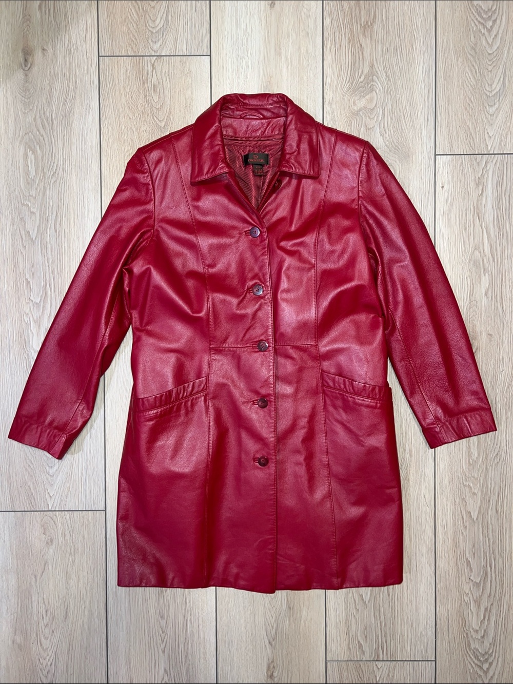Danier Red Leather Button-Front Trench Coat